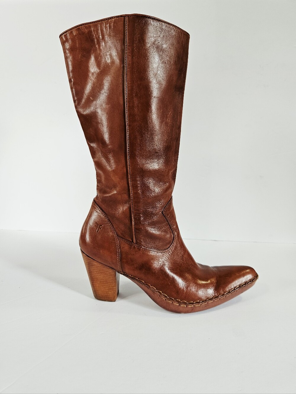 Vintage Frye Phoenix Cognac Brown Leather Stacked Heel Western Cowboy Boots 10 - Picture 2 of 15
